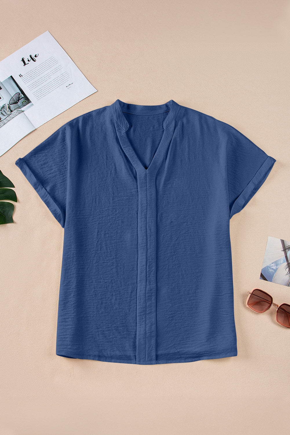 Sail Blue Notched Neck Batwing Sleeve Lightweight Blouse