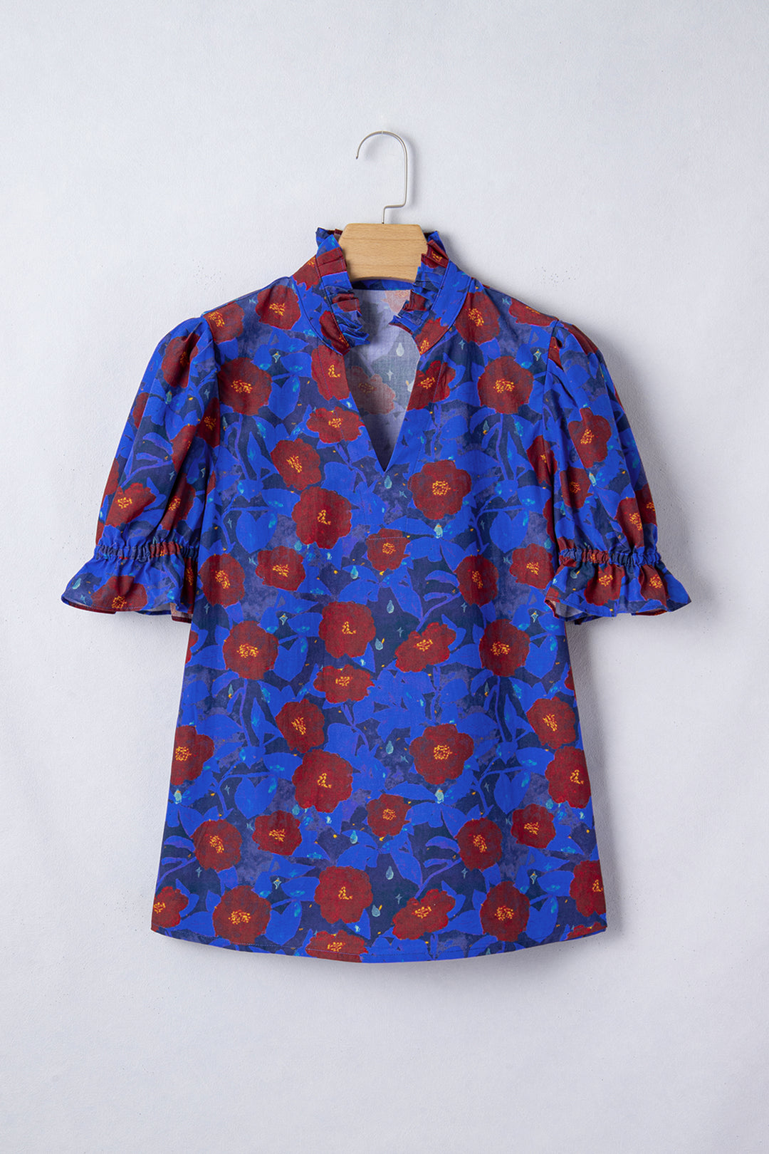 Blue Ruffled Short Balloon Sleeve Frilled V Neck Floral Blouse