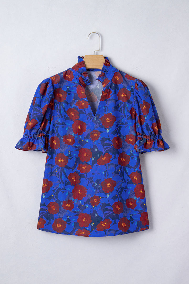 Blue Ruffled Short Balloon Sleeve Frilled V Neck Floral Blouse