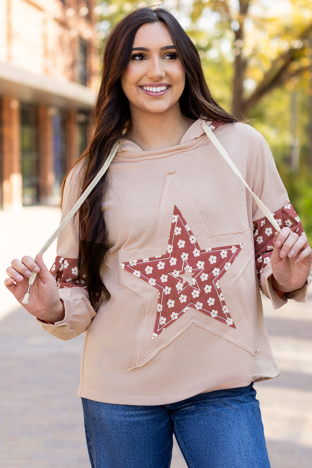 Delicacy Floral Patchwork Star Pattern Drawstring Hoodie