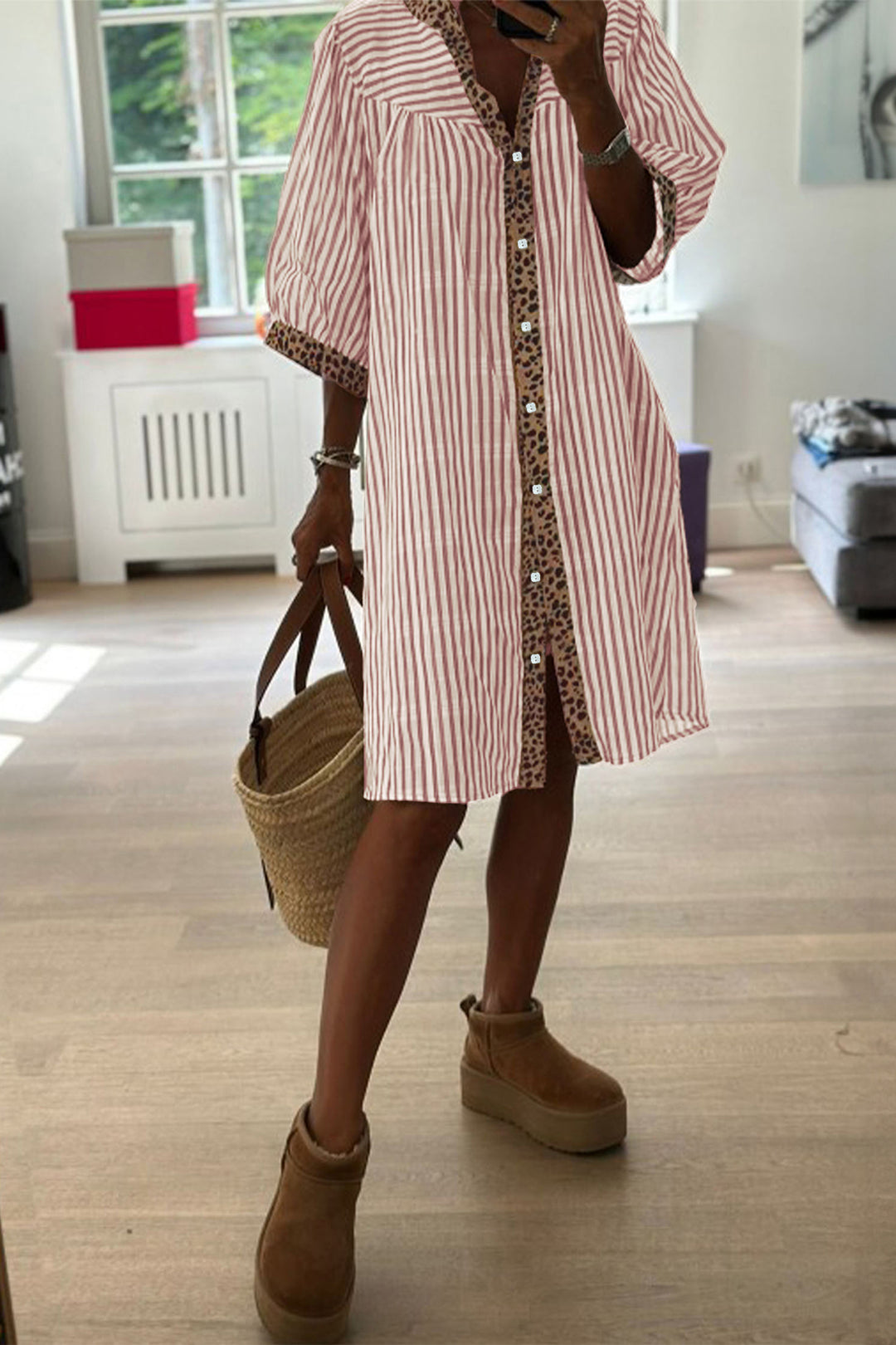 Pink Stripe Square Button Leopard Trim Loose Bracelet Sleeve Shirt Dress