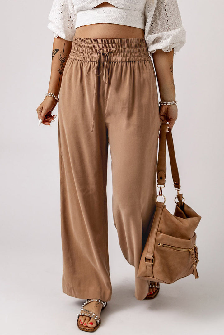 Brown Drawstring Elastic Waist Casual Wide Leg Pants | Women