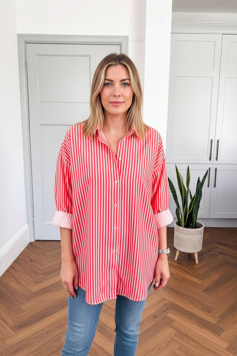 Red Stripe Button-Up Shirt Long Sleeve Patch Pocket Casual Shirt