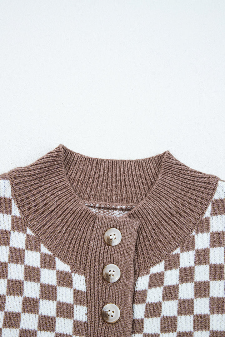 Dark Brown Half Button Ribbed Trim Checkerboard Knit Sweater