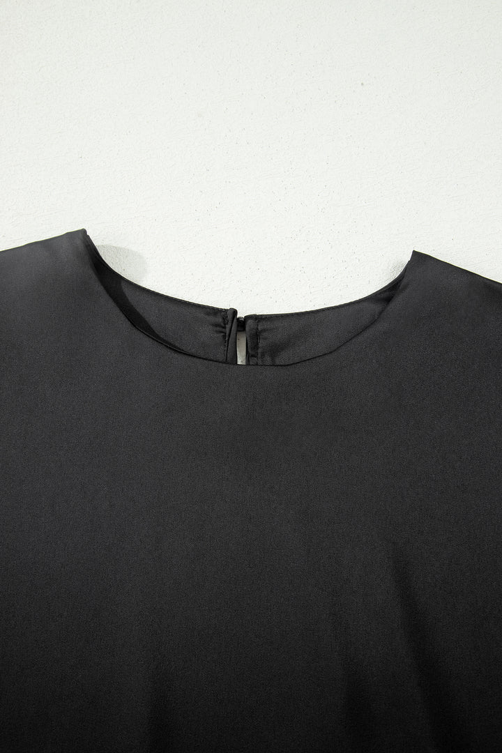 Black Asymmetric Lace Trim Short Sleeve Satin Top