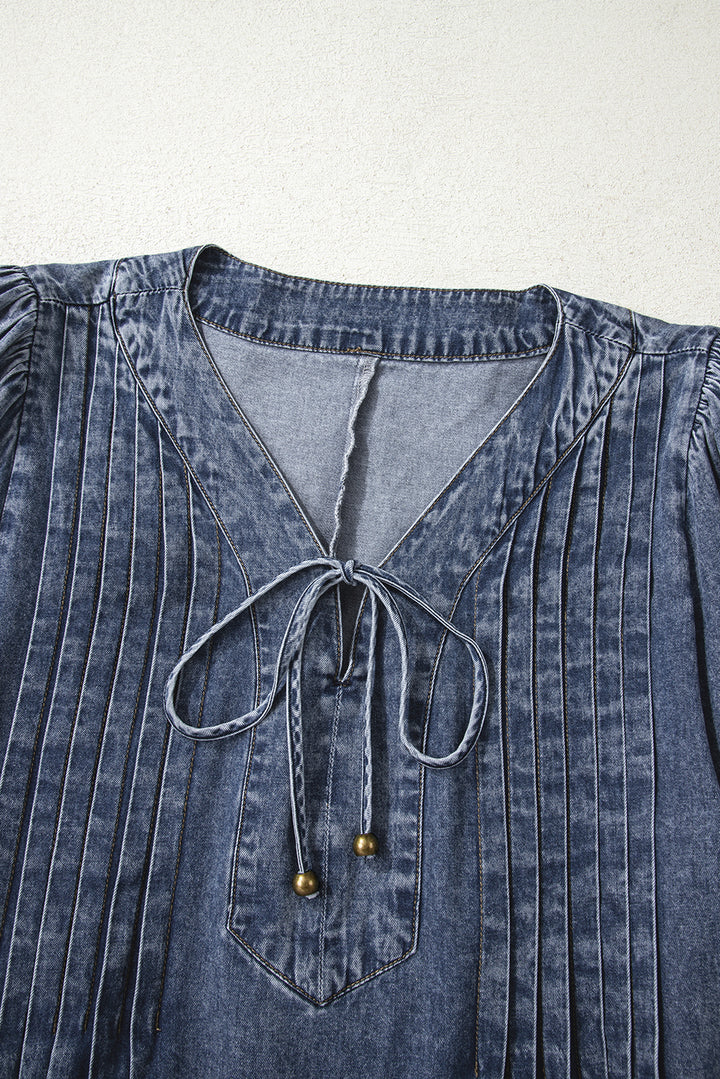 Sail Blue 3/4 Sleeve Tied V Neck Pleated Denim Mini Dress