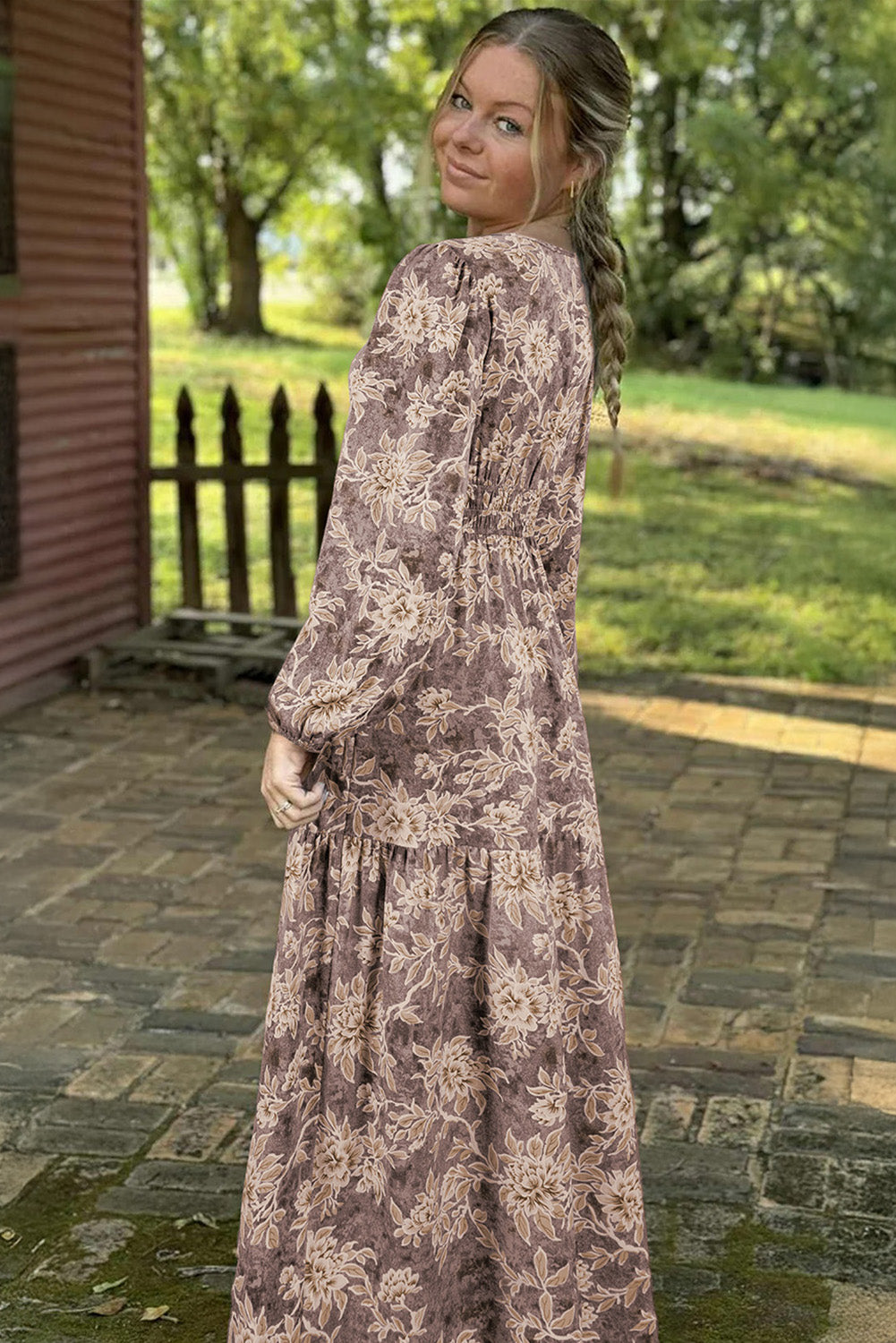 brown floral long sleeve maxi dress Brown Floral Smocked Puff Sleeve Maxi Dress PinkBlush