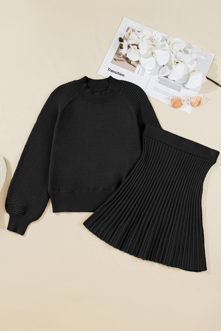 Smoke Gray Lantern Sleeve Sweater Pleated Knitted Mini Skirt Set