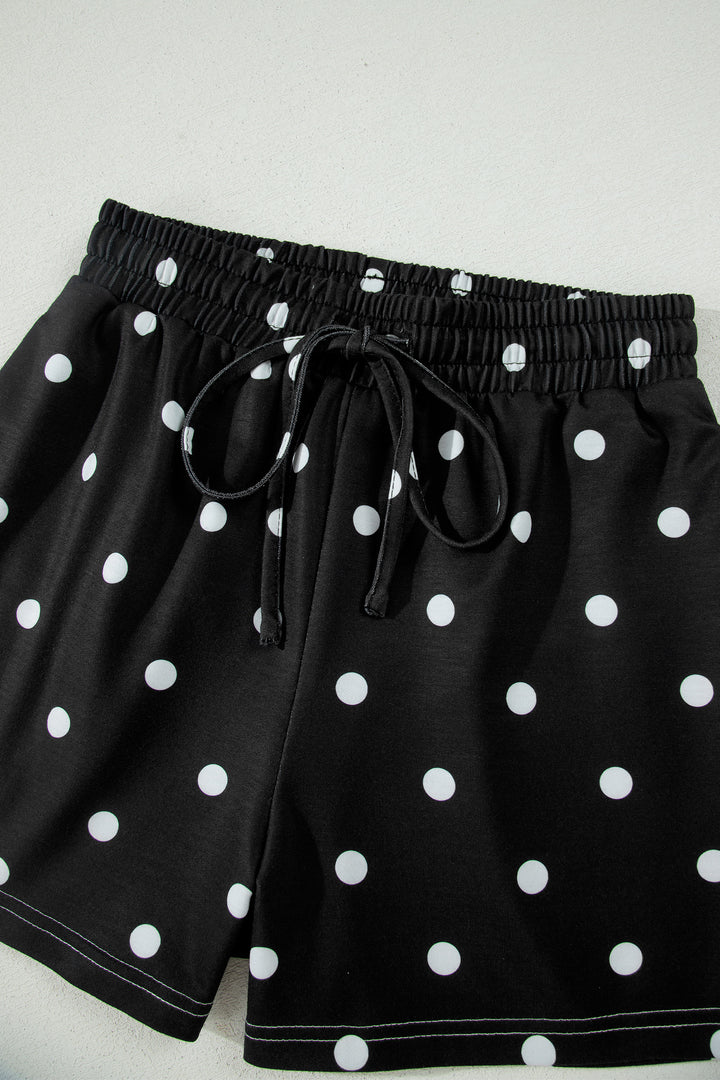 Black Exposed Seam Detail Polka Dot Loose Tee Drawstring Shorts Set