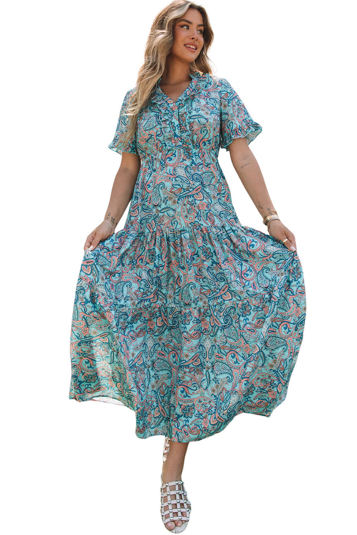 Sky Blue Paisley Print Boho Holiday Ruffle Tiered Maxi Dress