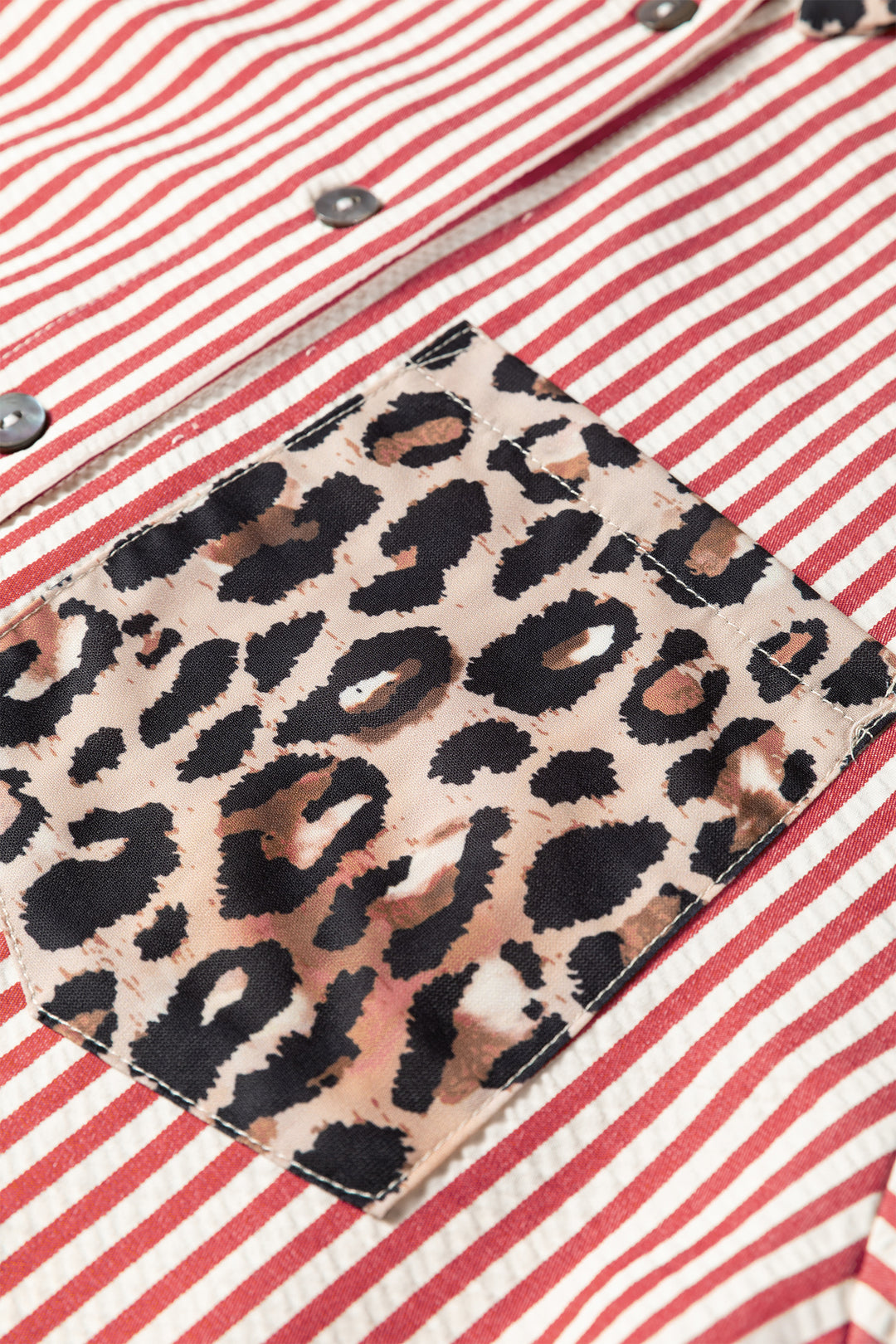 Racing Red Striped Leopard Print Patchwork Button Up Womens Shirt