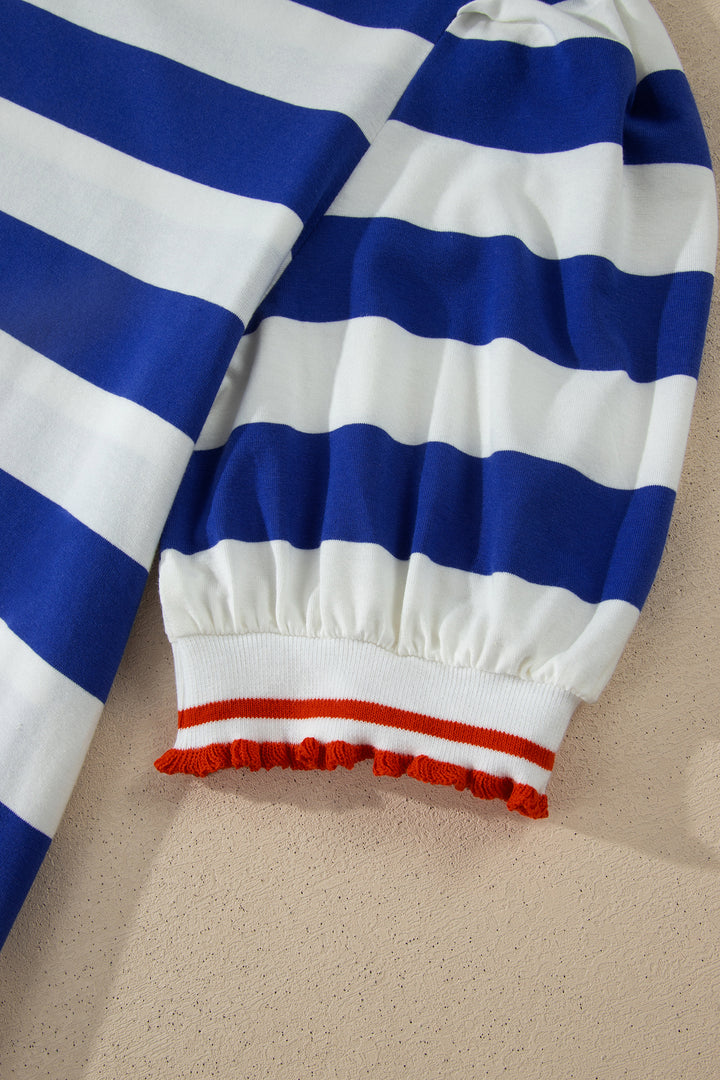 Blue Stripe Contrast Trim Round Neck Short Puff Sleeve Shift Mini Dress
