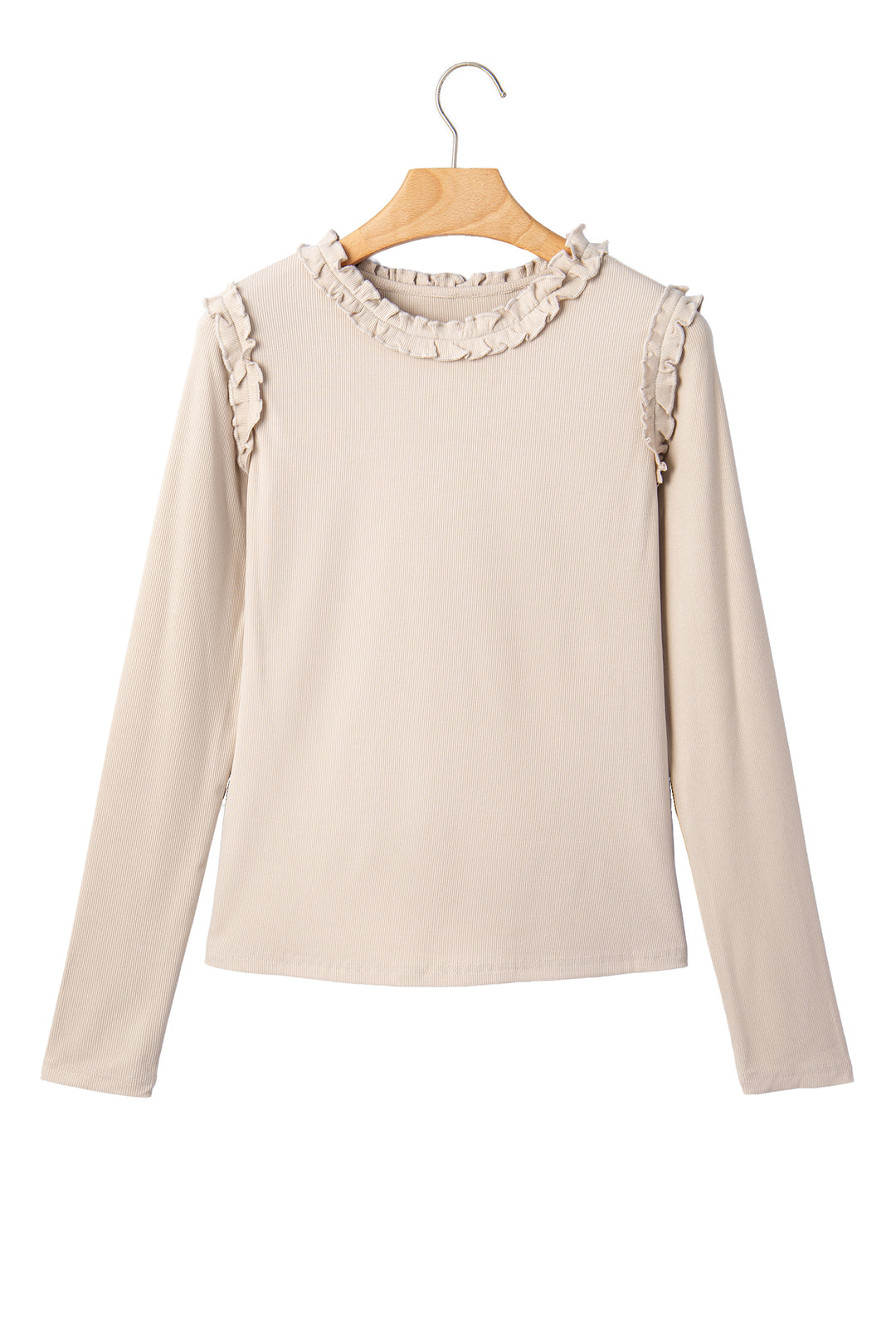 Beige Solid Color Round Neck Frill Detail Long Sleeve Top