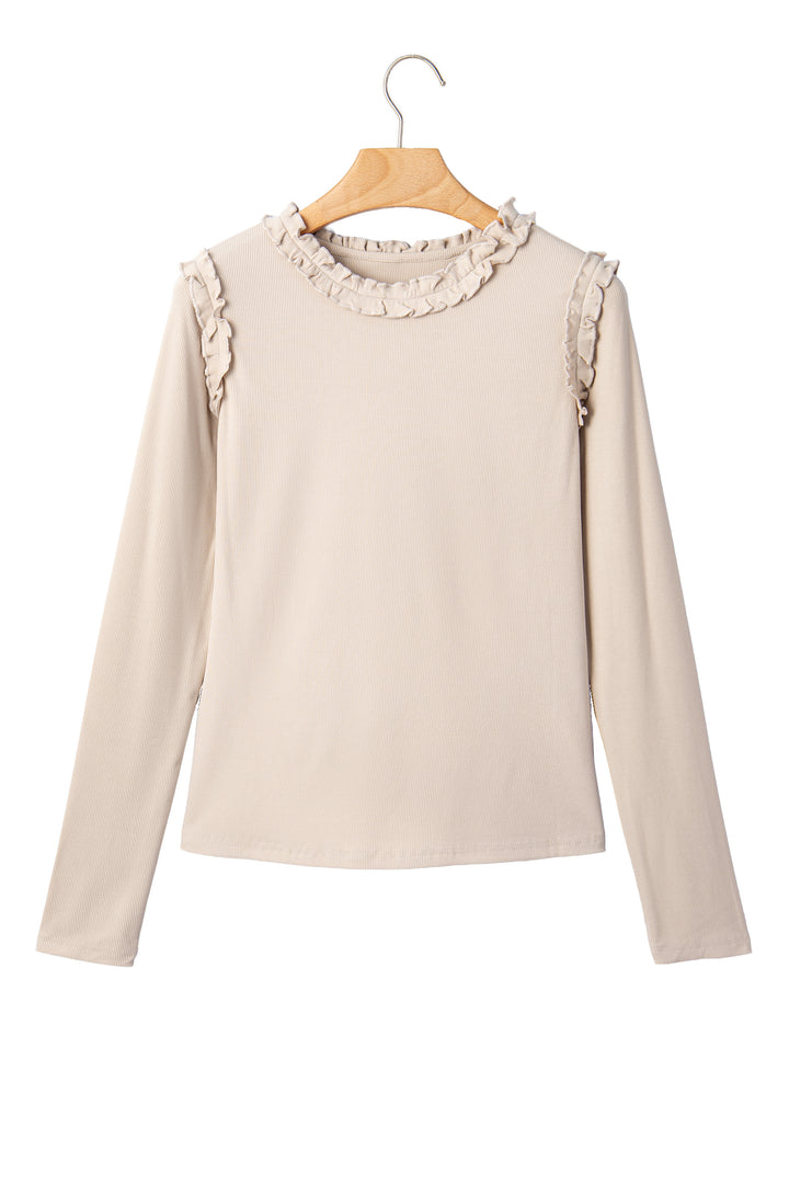 Beige Solid Color Round Neck Frill Detail Long Sleeve Top
