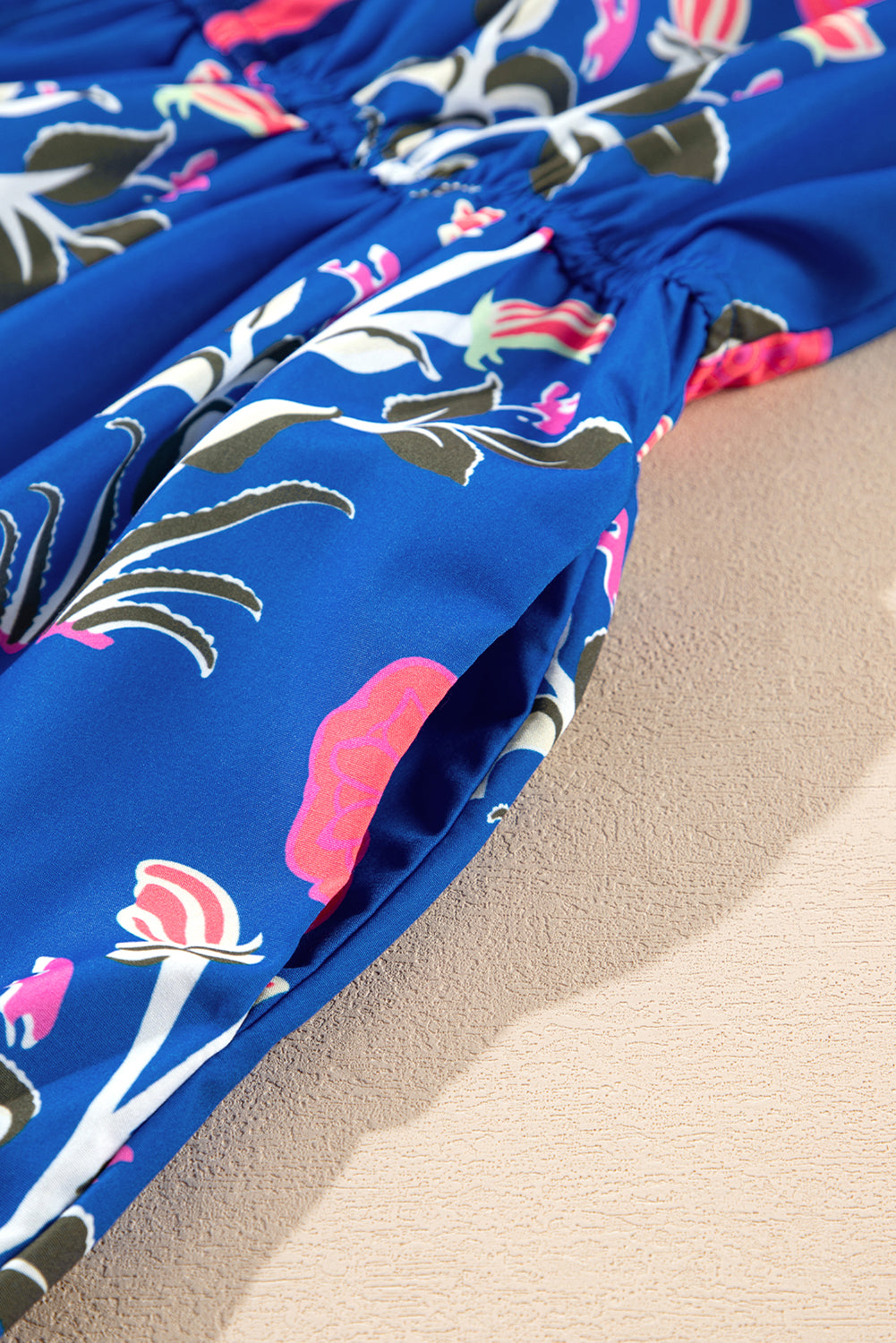 Sky Blue Floral Puff Short Sleeve V Neck High Waist Maxi Dress