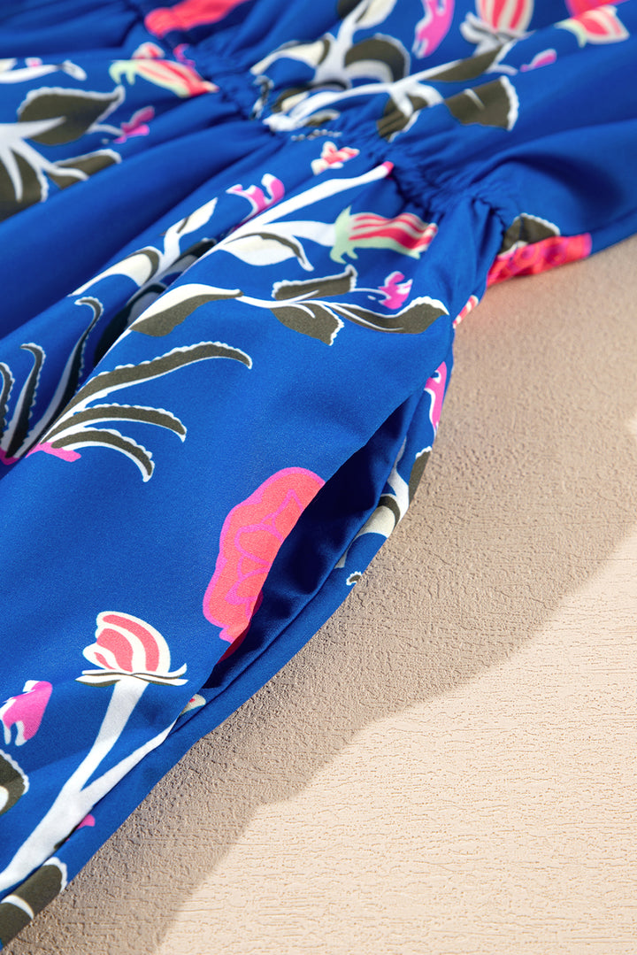 Sky Blue Floral Puff Short Sleeve V Neck High Waist Maxi Dress