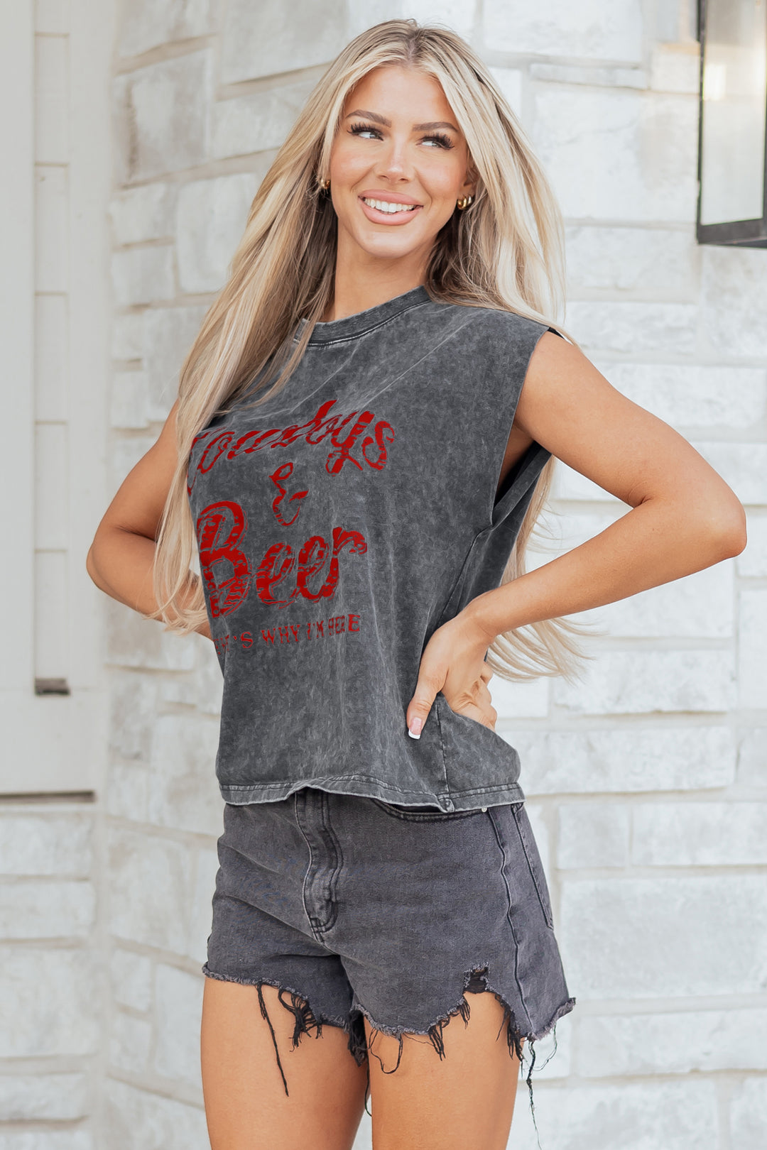 Sleet Cowboy &amp; Beer Western Graphic Mineral Wash Tank Top