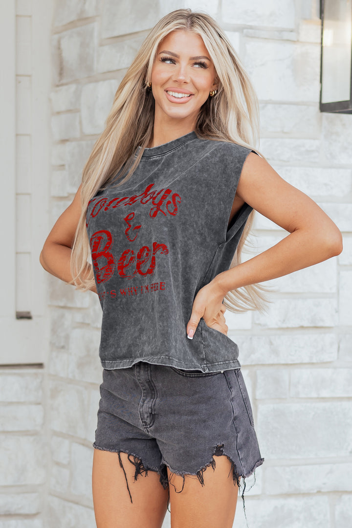 Sleet Cowboy &amp; Beer Western Graphic Mineral Wash Tank Top