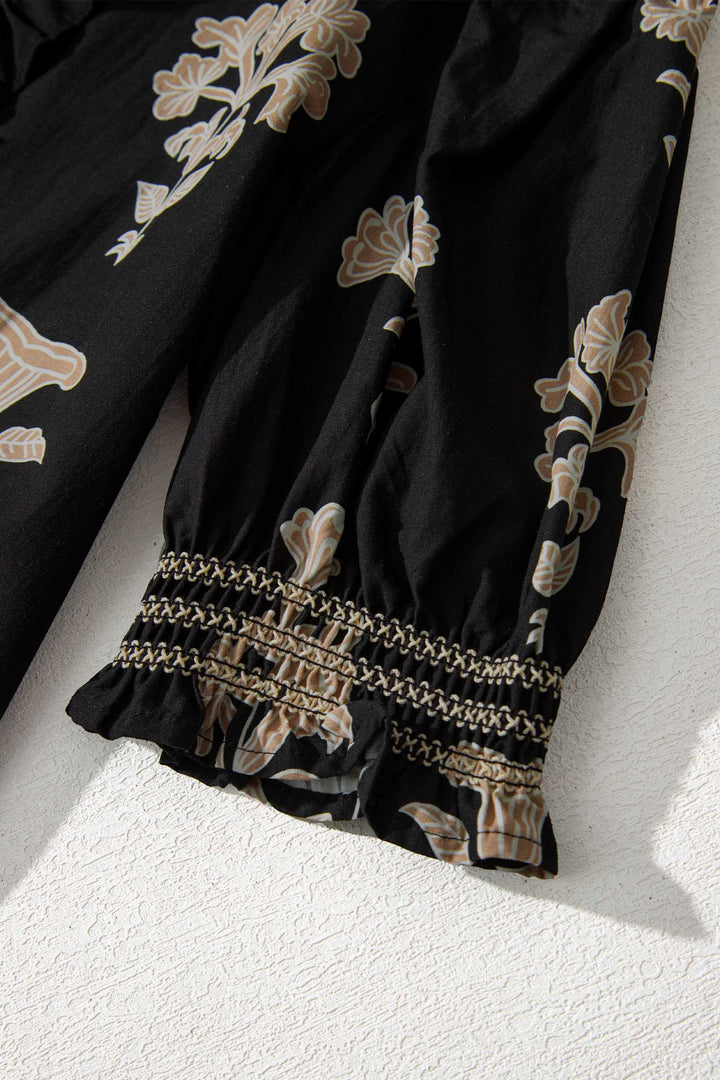 Black Floral Print Frilled Collar Short Puff Sleeve Maxi Dress