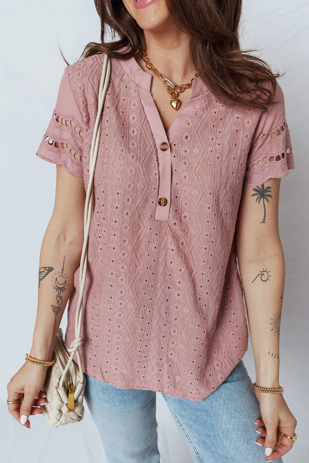 Fushia Textured Embroidered Half Buttons Short Sleeve Blouse