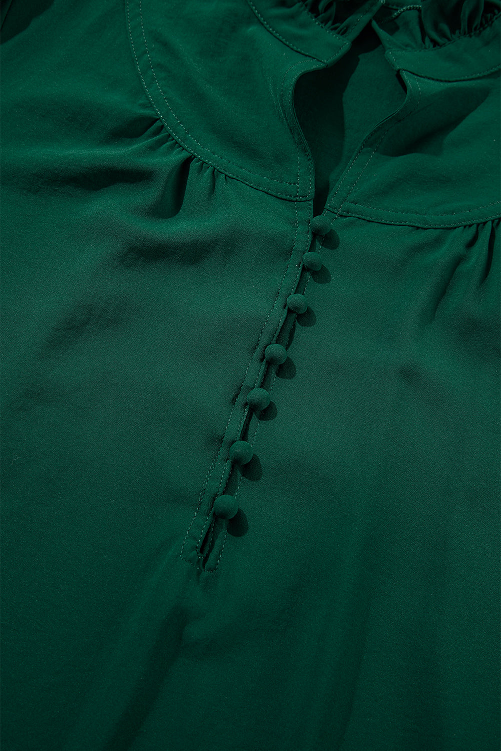 Blackish Green Solid Puff Sleeve Frilled Trim Elegant Blouse