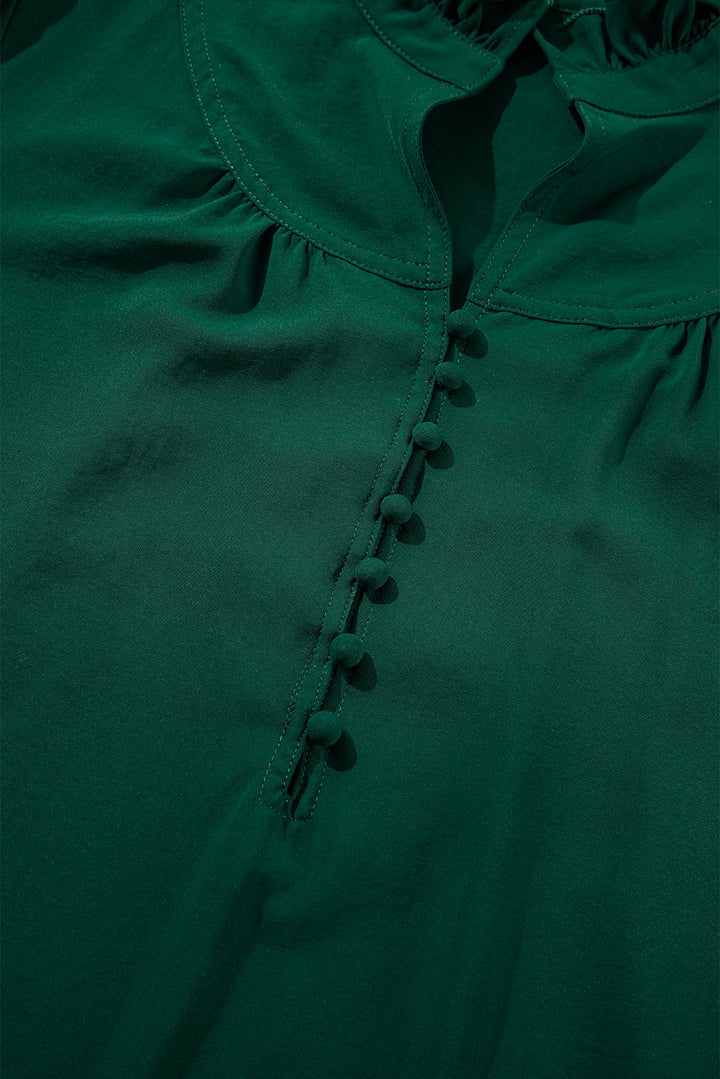 Blackish Green Solid Puff Sleeve Frilled Trim Elegant Blouse