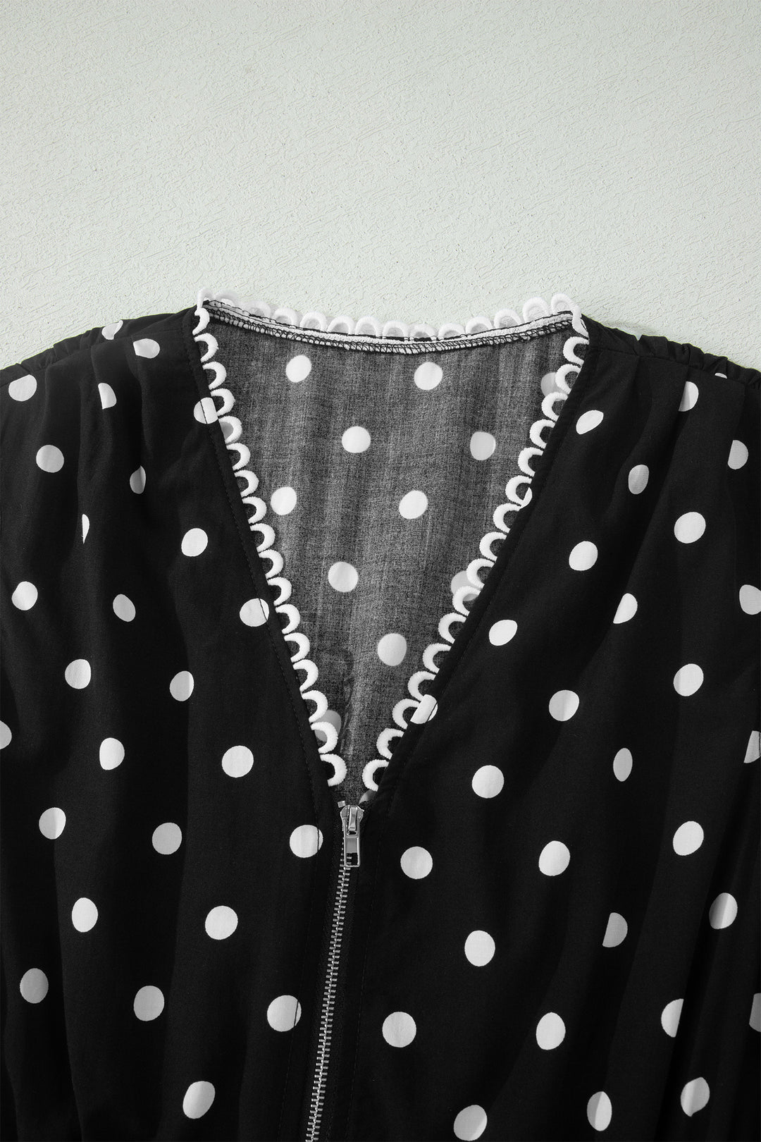 Black Polka Dot Print Contrast Trim V Neck Zip Up Sleeveless Dress