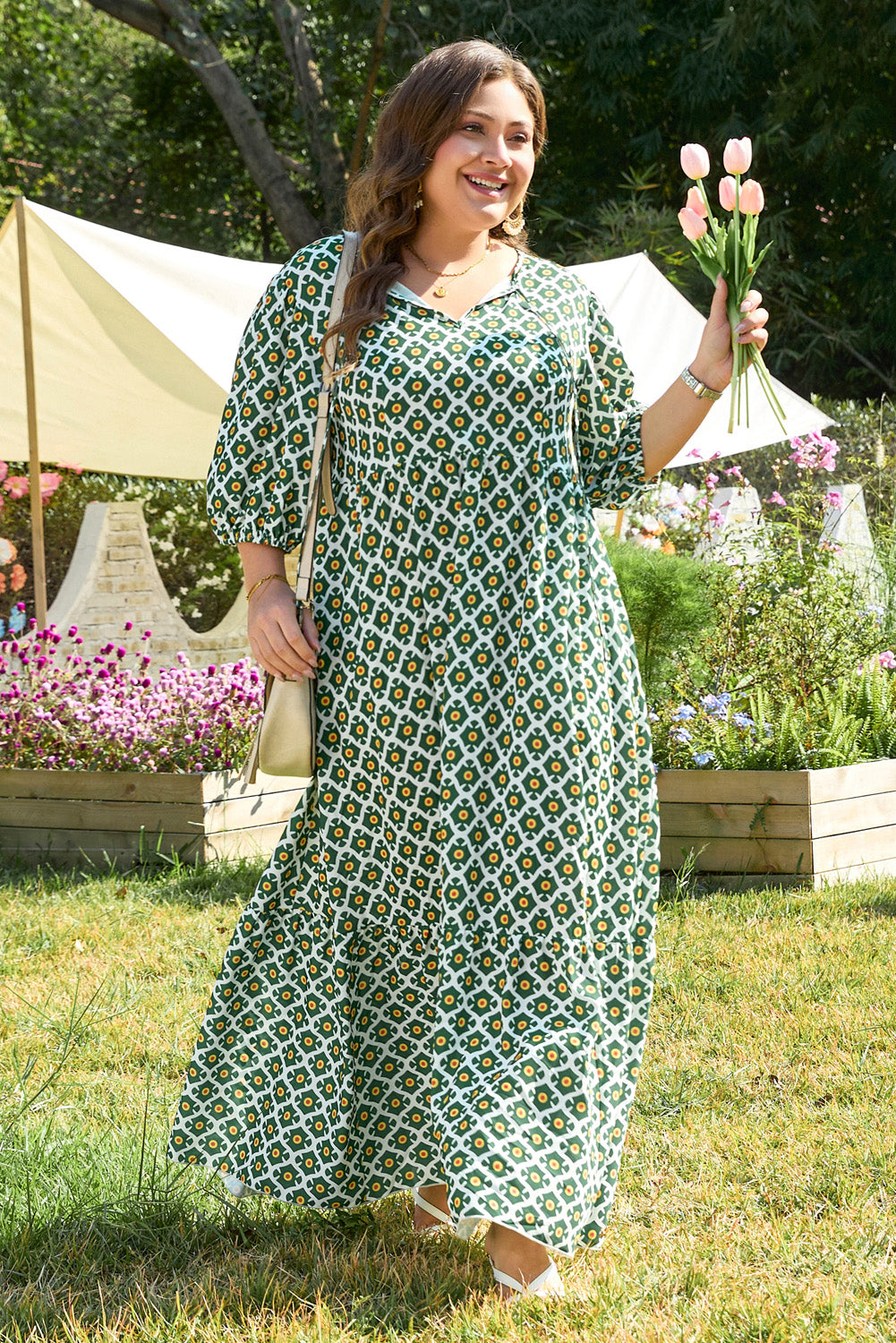 Green Geometric Floral Print Half Sleeve Plus Size Maxi Dress Errabelly Green Geometric Floral Print Half Sleeve Plus Size Maxi Dress Errabelly