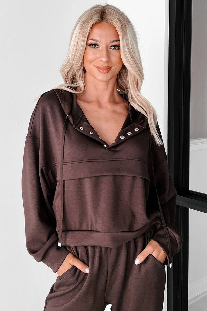 Chicory Coffee Button Drawstring Cropped Hoodie Sweatpants Set