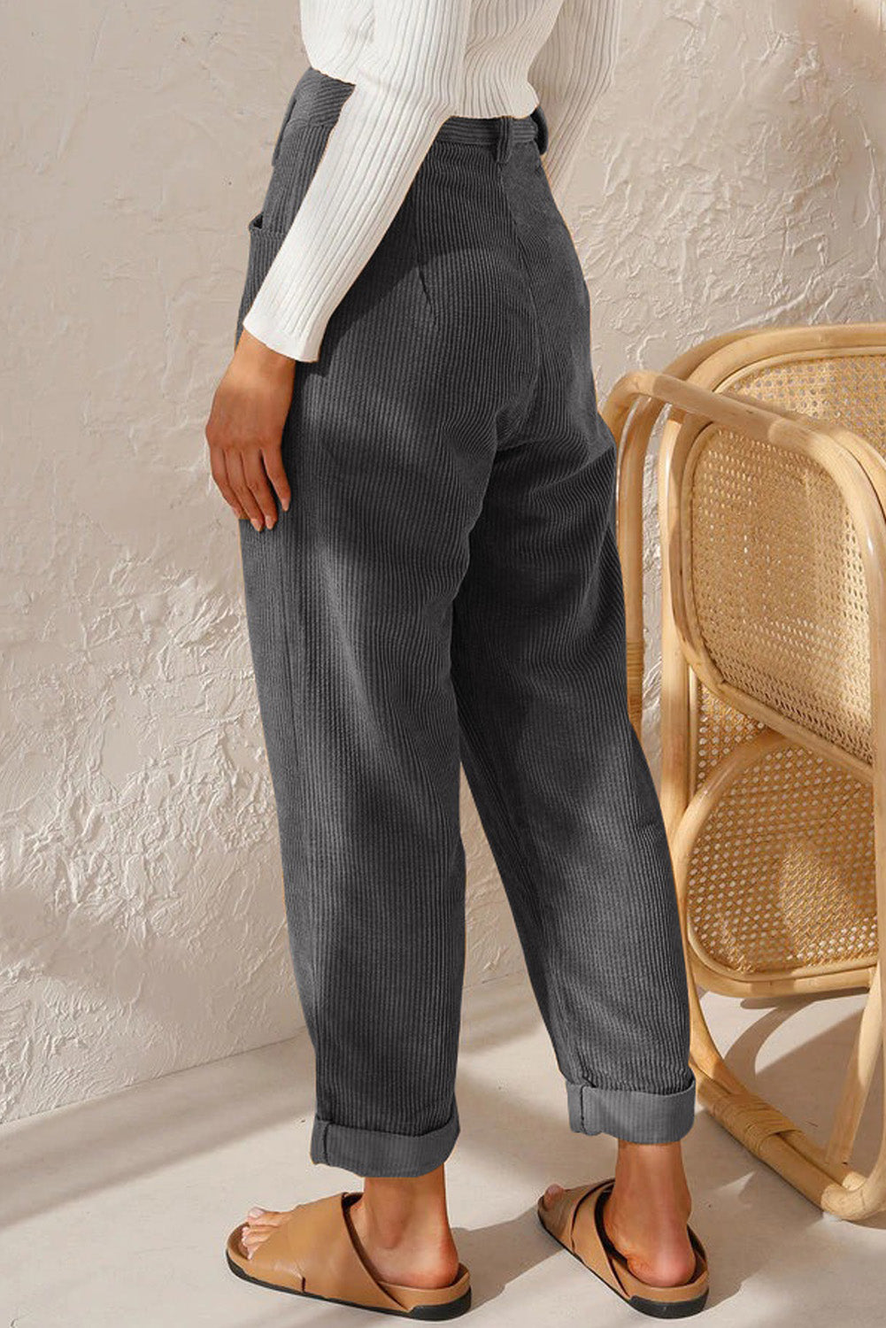 Gray Corduroy High Waist Straight Leg Pants| Women