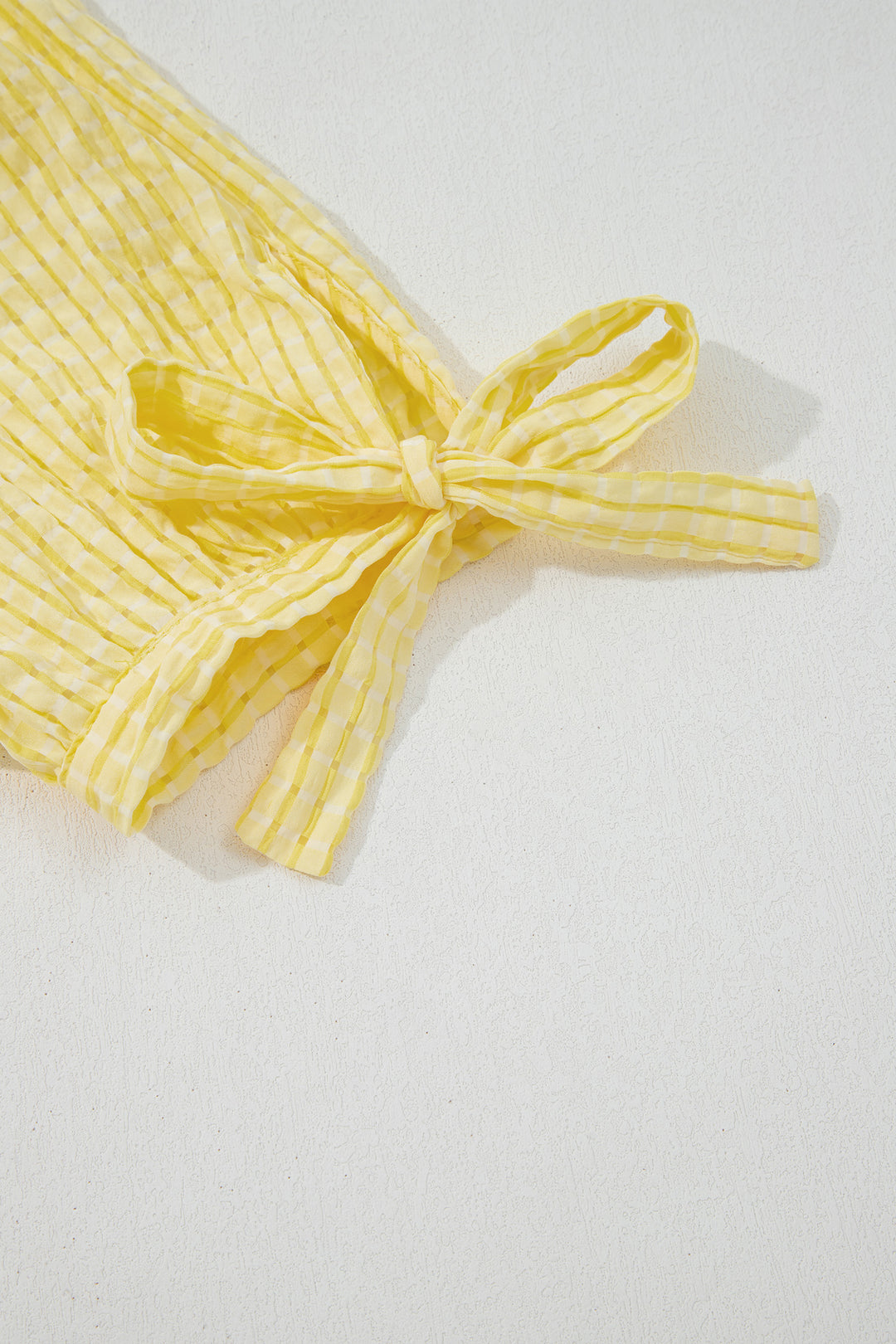 Yellow Gingham Textured Bow Tie Short Sleeve Tiered Midi Dress
