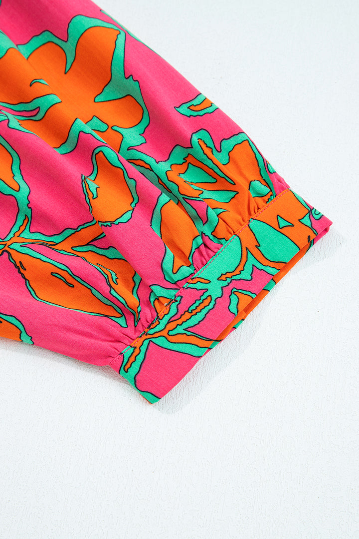 Rose Floral Print Batwing Sleeve Buttoned Loose Fit Shirt