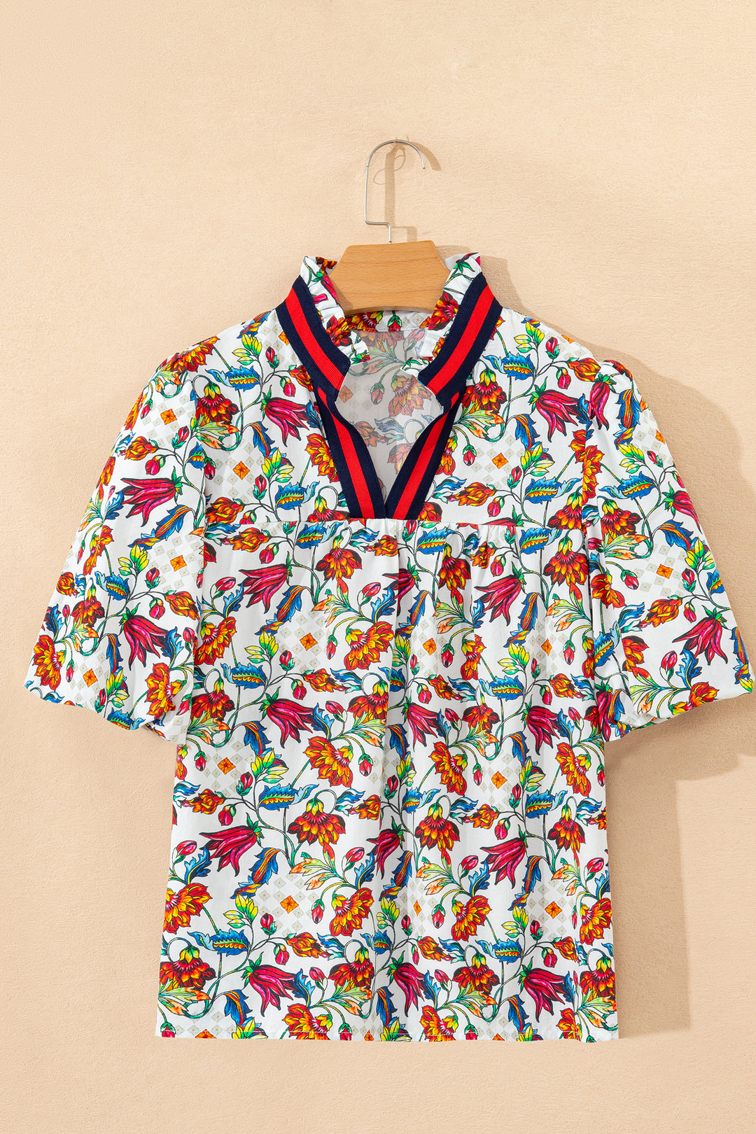 Multicolour Contrasted V Neckline Floral Puff Short Sleeve Blouse