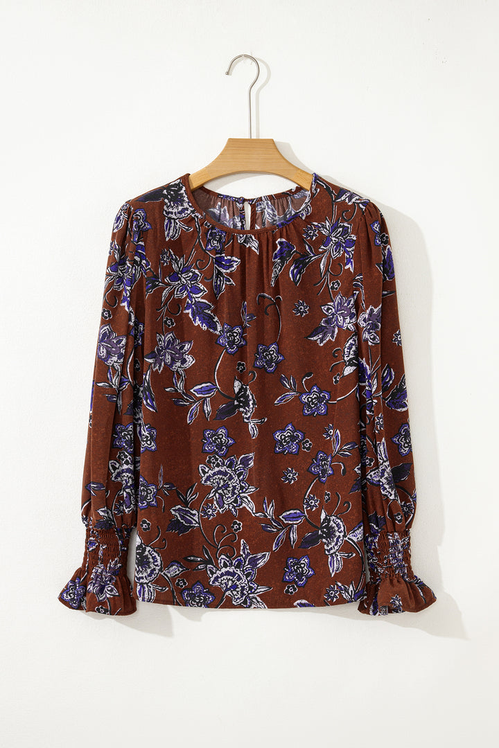 Brown Autumn Floral Print Smocked Cuffs Shift Blouse