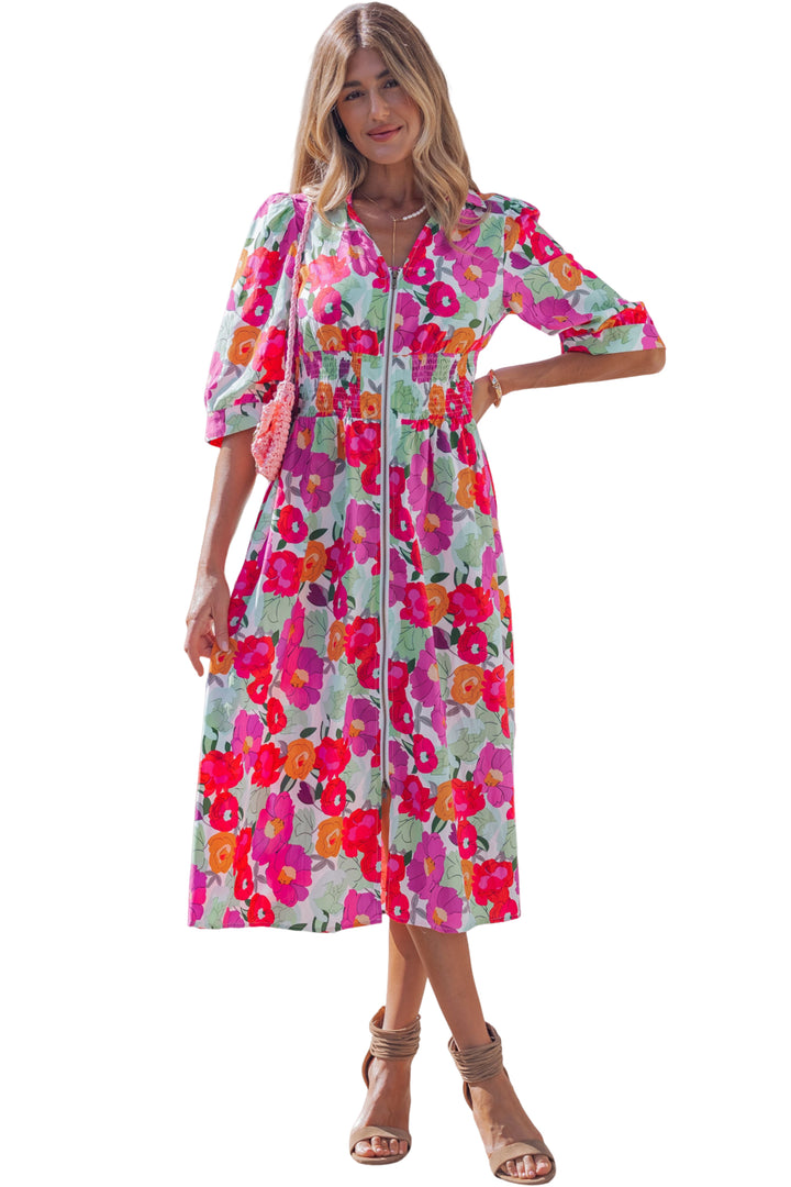 Rose Vibrant Floral Print V Neck Zip Up Puffy Half Sleeve Dress