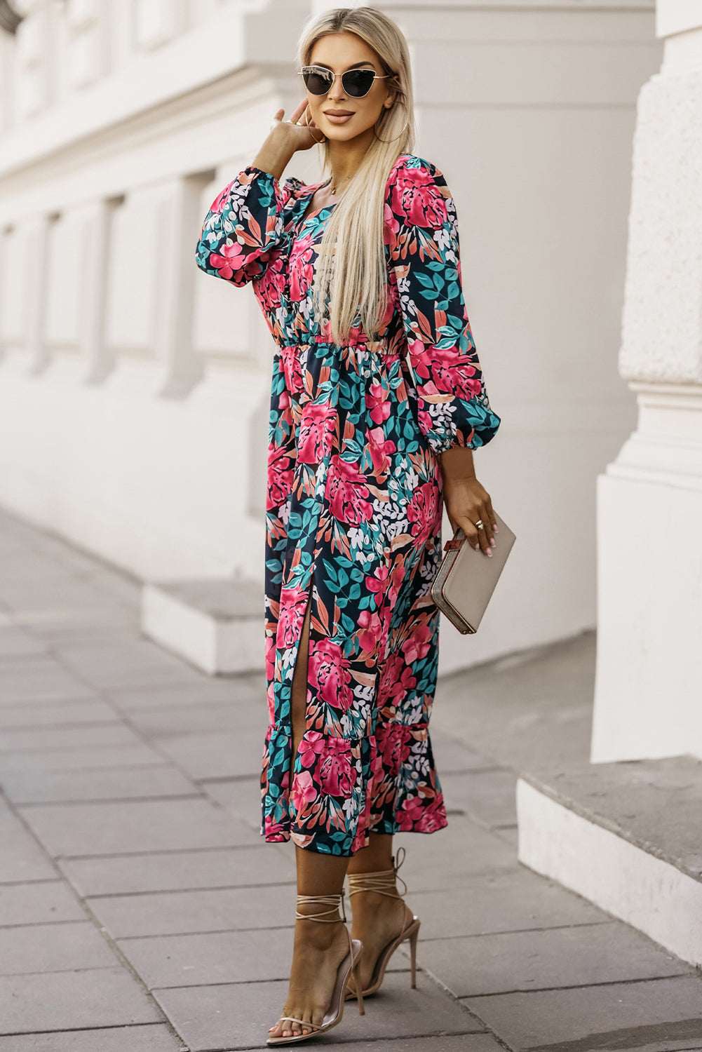 Fiery Red V Neck Elastic High Waist Split Floral Dress | Women