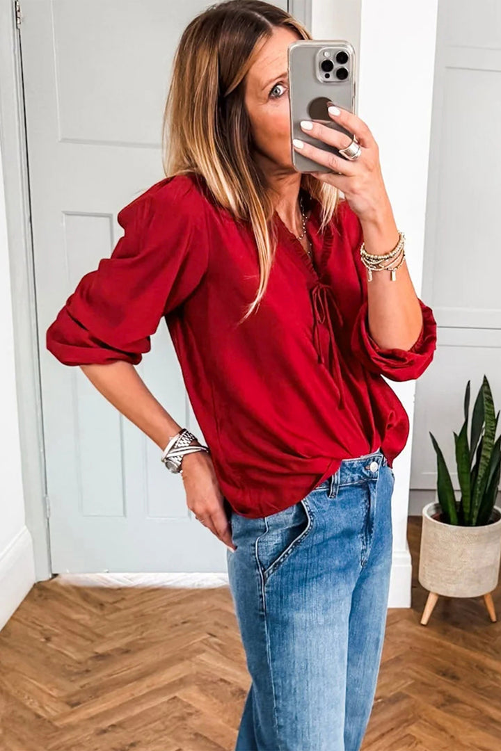 Blackish Green Solid Color Frilled V Neck Bow Detail 3/4 Sleeve Blouse