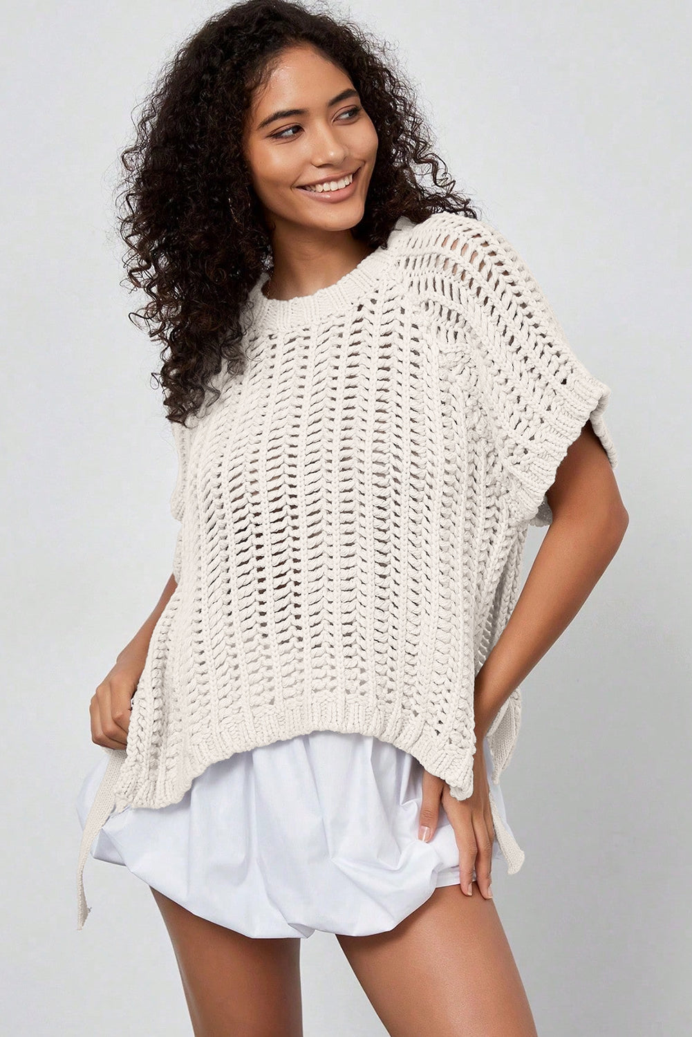 Black Plus Size Open Knit Bow Tie Short Sleeve Sweater
