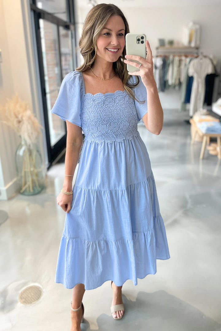Beau Blue Flowy Short Sleeve Lace Detail Square Neck Tiered Midi Dress