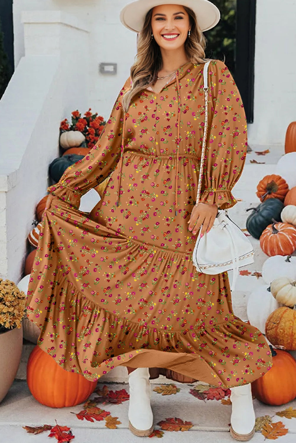 Brown Plus Size Floral Split V Neck Ruffled Sleeve Tiered Maxi Dress