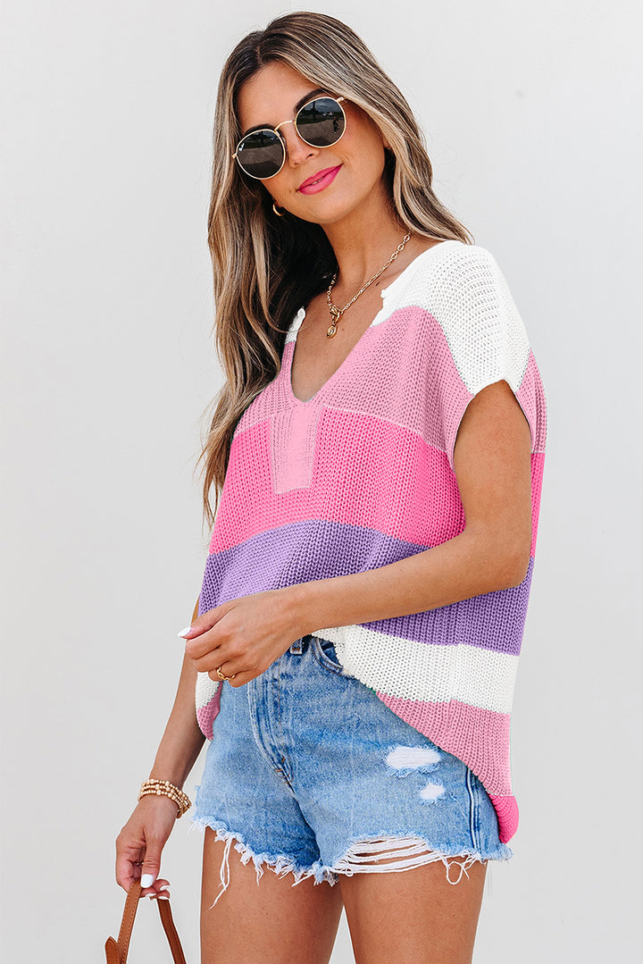 Pink Color Block Notch V Neck Sweater T Shirt