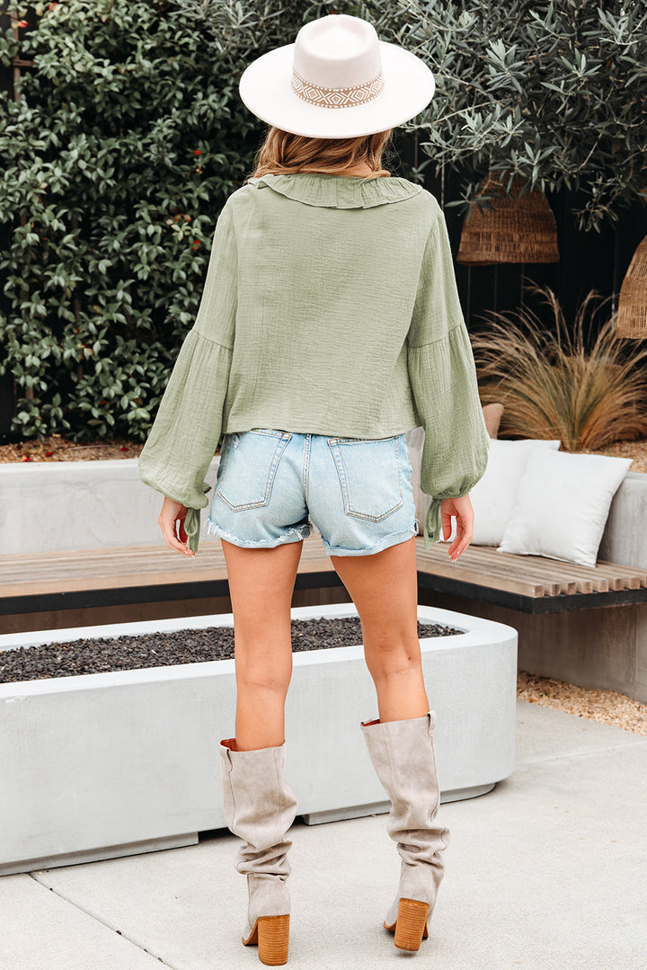 Meadow Mist Green Bow Tie Front Ruffle Trim V Neck Long Sleeve Gauze 100% Cotton Blouse