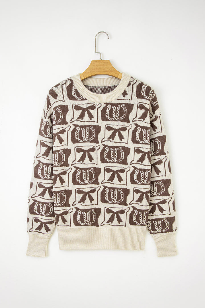 Brown Bows &amp; Horseshoes Pattern Western Fashion Print Sweater