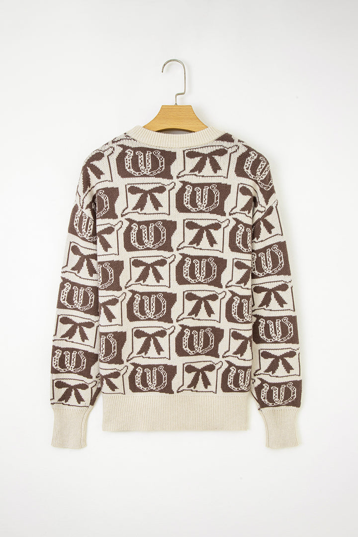 Brown Bows &amp; Horseshoes Pattern Western Fashion Print Sweater