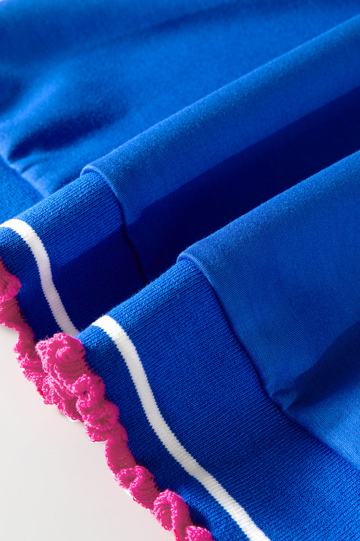 Sky Blue Contrast Frilled Trim Button Collared Short Sleeve Knit Top