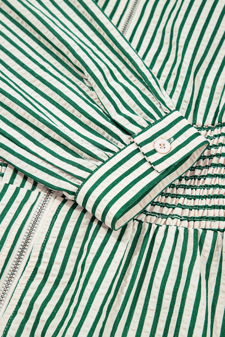 Green Stripe V Neck Zip Front Cinched High Waist Midi Dress