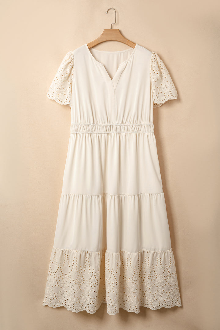 Apricot Plus Size V Neck Lacy Embroidery Patchwork Short Sleeve Maxi Dress