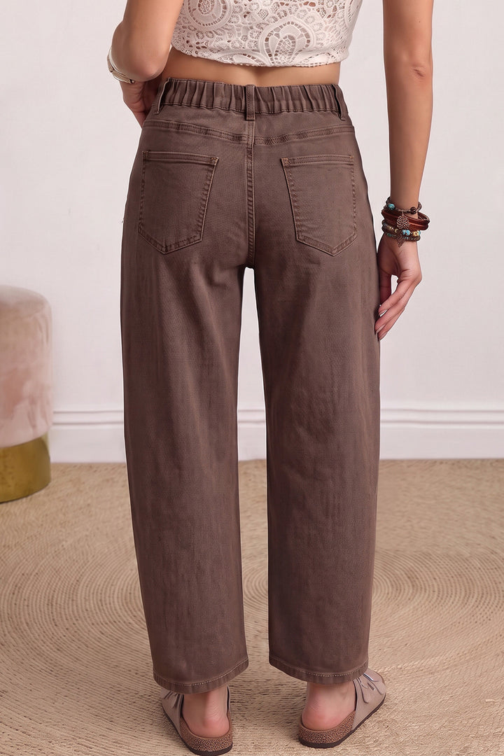Beau Blue Solid Color Square Patch Pocket Ankle-length Barrel Jeans