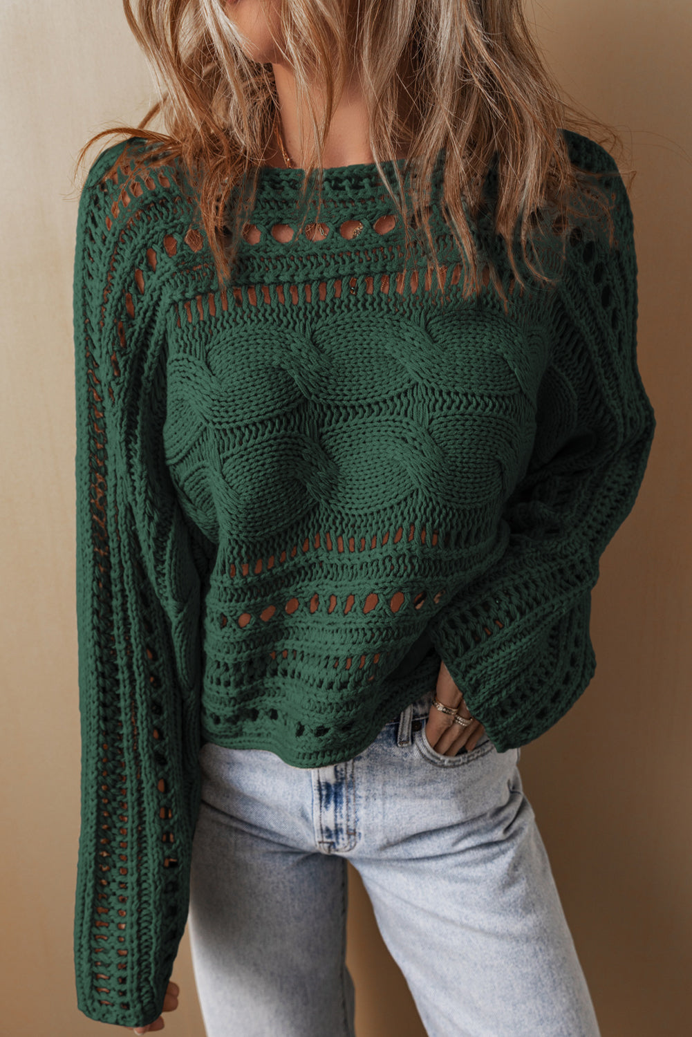 Blackish Green Hollow-out Cable Knit Cropped Sweater