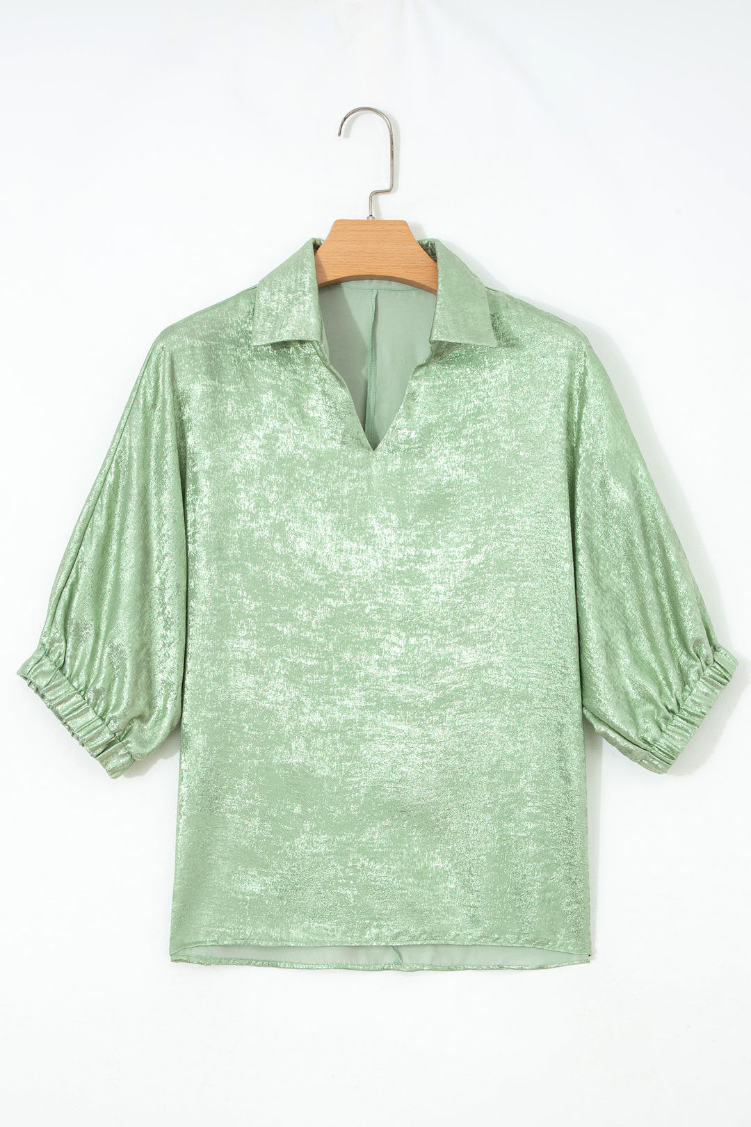 Casual Collared V Neck Half Sleeve Metallic Top